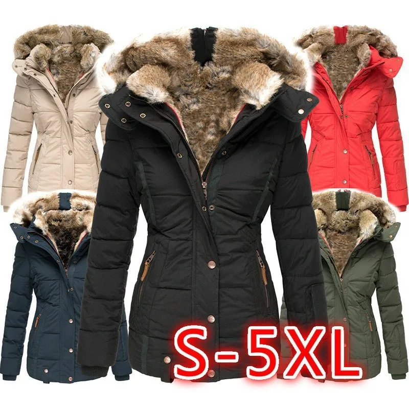 Winter New Fashion Women’s Solid Color Slim Casual Trendy Fur Collar Hooded Simple Basic Quilted Coats Female Clothes Parkas