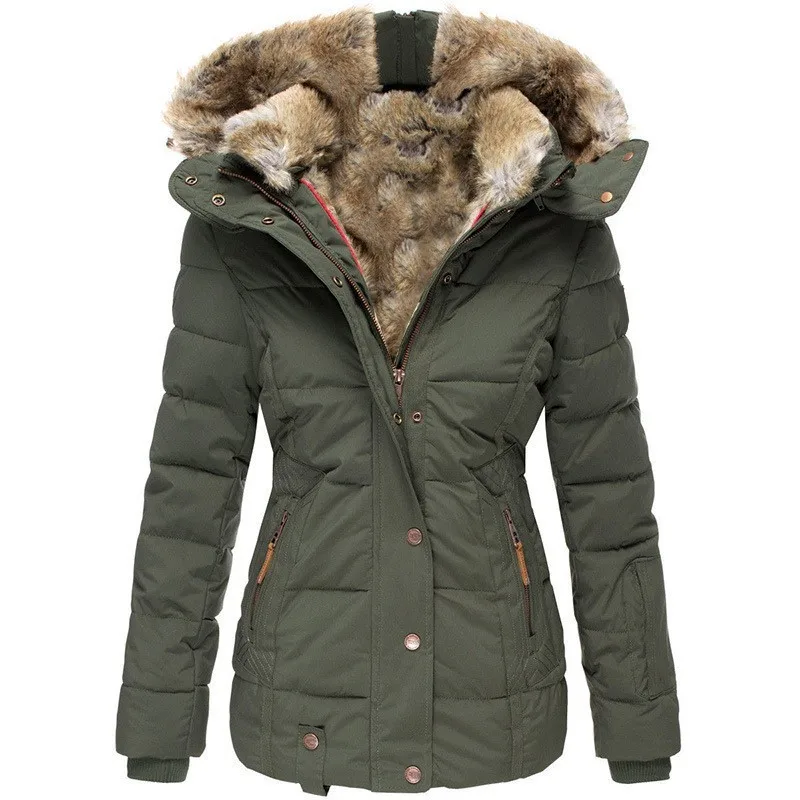 Winter New Fashion Women’s Solid Color Slim Casual Trendy Fur Collar Hooded Simple Basic Quilted Coats Female Clothes Parkas