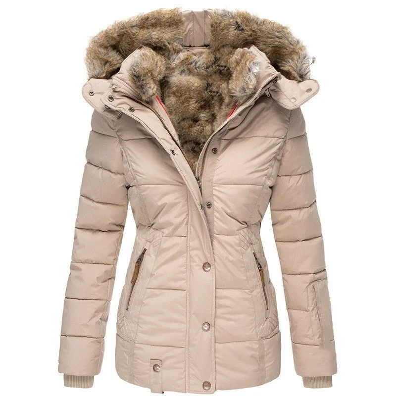 Winter New Fashion Women’s Solid Color Slim Casual Trendy Fur Collar Hooded Simple Basic Quilted Coats Female Clothes Parkas