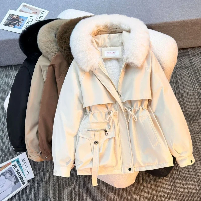 Y2k Vintage Long Sleeve Parka Faux Fur Collar Patchwork Autumn Winter Women Casual American Retro Padded Coat Solid 2026