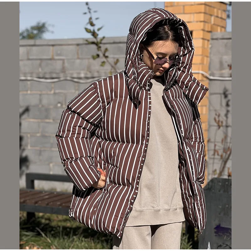 Women Casual Hooded Striped Cotton Coat Chic Full Sleeve Zipper Thicken Single Breasted Jacket Lady Winter Daily Street Outwears