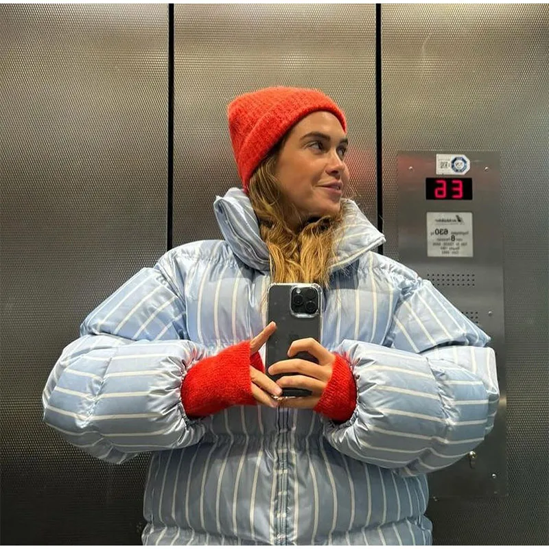 Women Casual Hooded Striped Cotton Coat Chic Full Sleeve Zipper Thicken Single Breasted Jacket Lady Winter Daily Street Outwears
