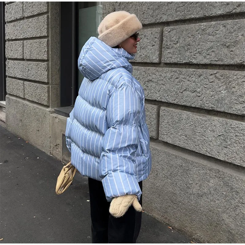 Women Casual Hooded Striped Cotton Coat Chic Full Sleeve Zipper Thicken Single Breasted Jacket Lady Winter Daily Street Outwears