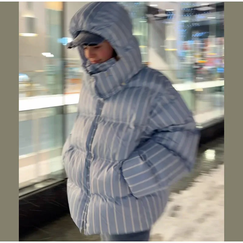 Women Casual Hooded Striped Cotton Coat Chic Full Sleeve Zipper Thicken Single Breasted Jacket Lady Winter Daily Street Outwears