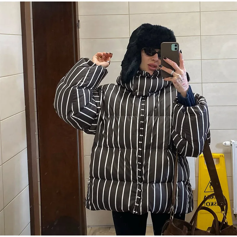 Women Casual Hooded Striped Cotton Coat Chic Full Sleeve Zipper Thicken Single Breasted Jacket Lady Winter Daily Street Outwears