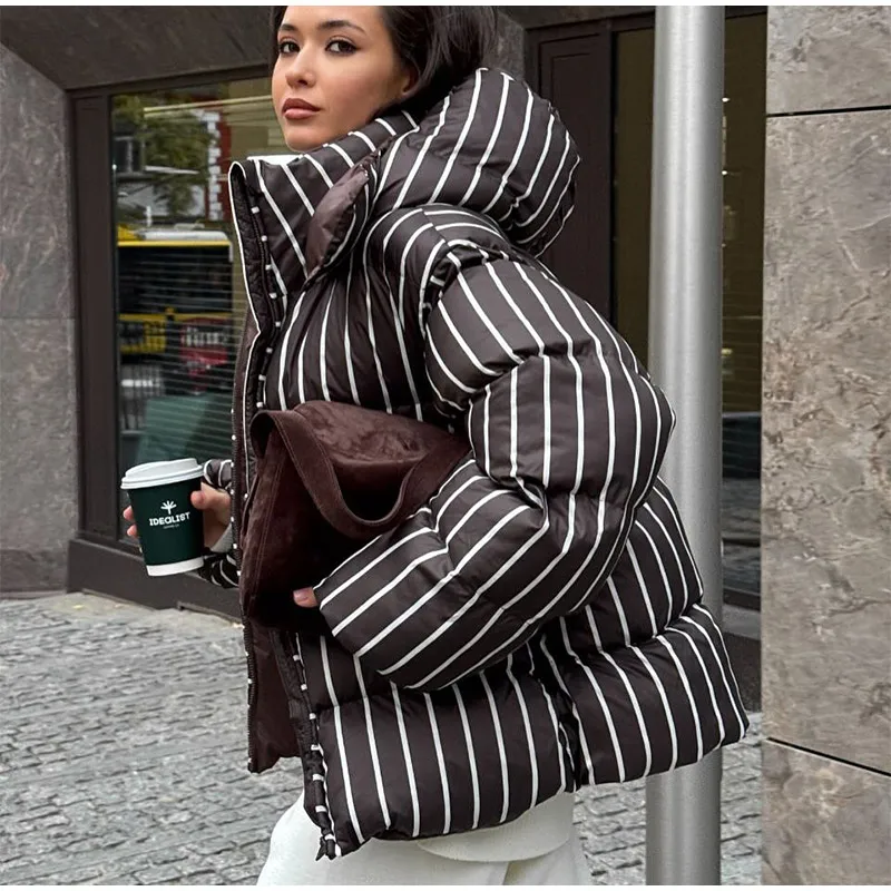 Women Casual Hooded Striped Cotton Coat Chic Full Sleeve Zipper Thicken Single Breasted Jacket Lady Winter Daily Street Outwears