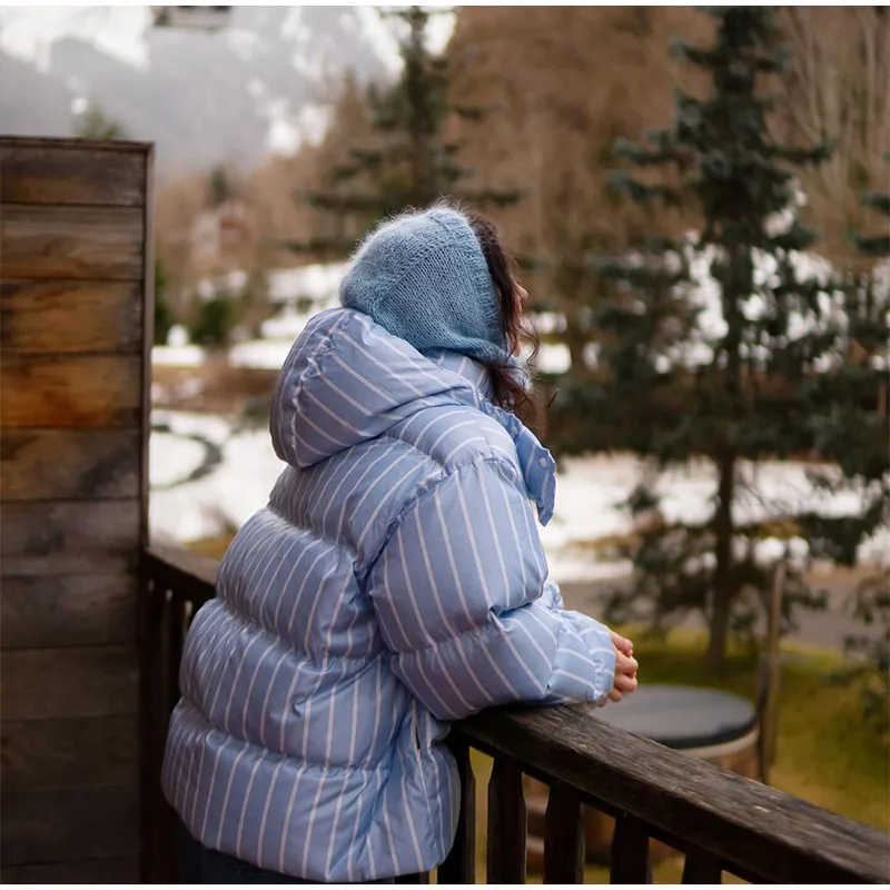 Women Casual Hooded Striped Cotton Coat Chic Full Sleeve Zipper Thicken Single Breasted Jacket Lady Winter Daily Street Outwears
