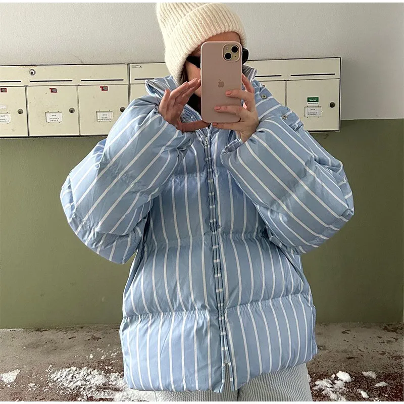 Women Casual Hooded Striped Cotton Coat Chic Full Sleeve Zipper Thicken Single Breasted Jacket Lady Winter Daily Street Outwears