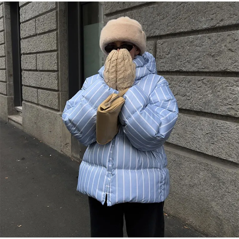 Women Casual Hooded Striped Cotton Coat Chic Full Sleeve Zipper Thicken Single Breasted Jacket Lady Winter Daily Street Outwears