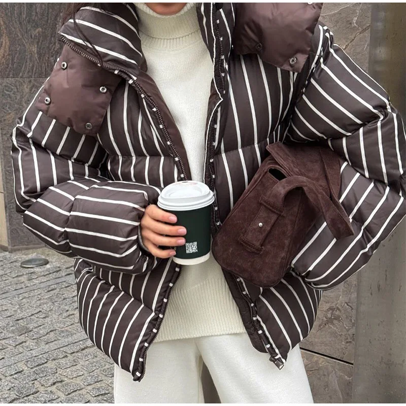Women Casual Hooded Striped Cotton Coat Chic Full Sleeve Zipper Thicken Single Breasted Jacket Lady Winter Daily Street Outwears