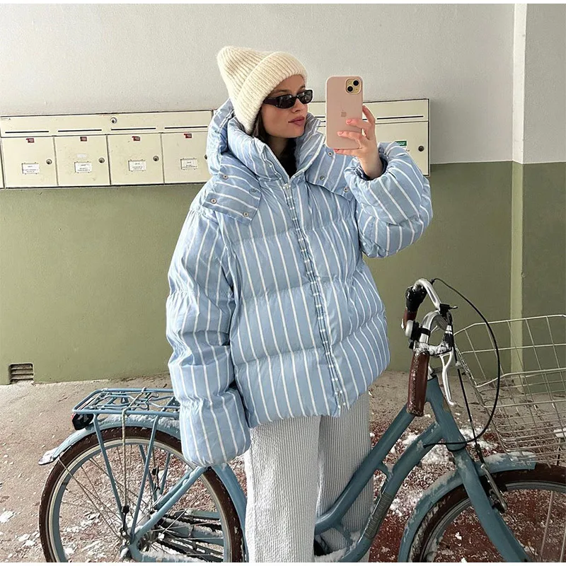 Women Casual Hooded Striped Cotton Coat Chic Full Sleeve Zipper Thicken Single Breasted Jacket Lady Winter Daily Street Outwears