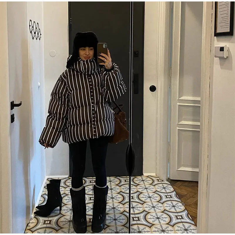 Women Casual Hooded Striped Cotton Coat Chic Full Sleeve Zipper Thicken Single Breasted Jacket Lady Winter Daily Street Outwears