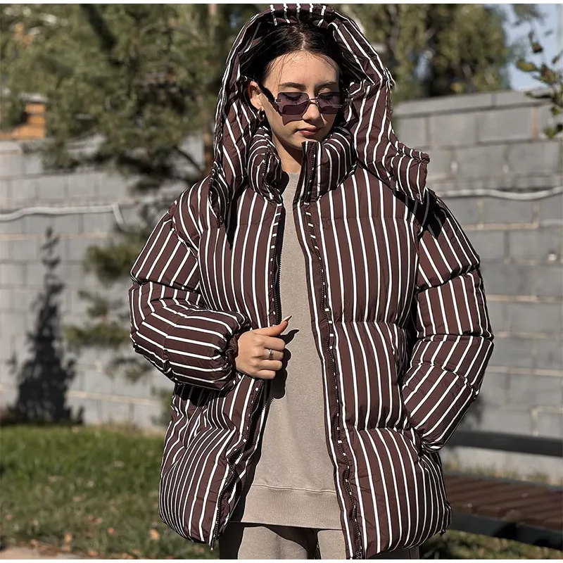 Women Casual Hooded Striped Cotton Coat Chic Full Sleeve Zipper Thicken Single Breasted Jacket Lady Winter Daily Street Outwears