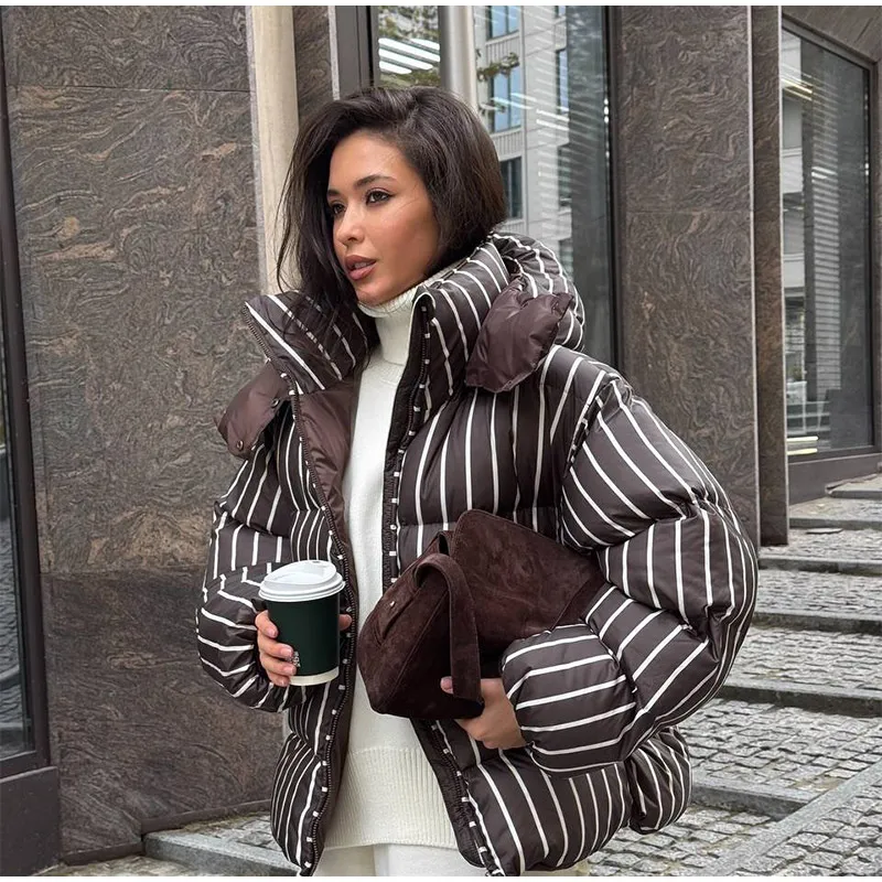 Women Casual Hooded Striped Cotton Coat Chic Full Sleeve Zipper Thicken Single Breasted Jacket Lady Winter Daily Street Outwears