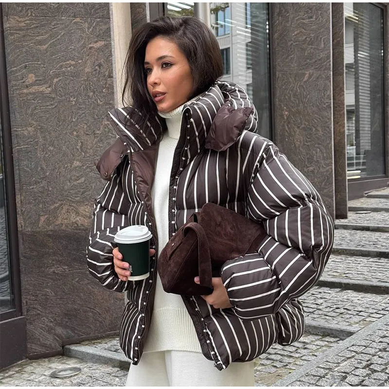 Women Casual Hooded Striped Cotton Coat Chic Full Sleeve Zipper Thicken Single Breasted Jacket Lady Winter Daily Street Outwears