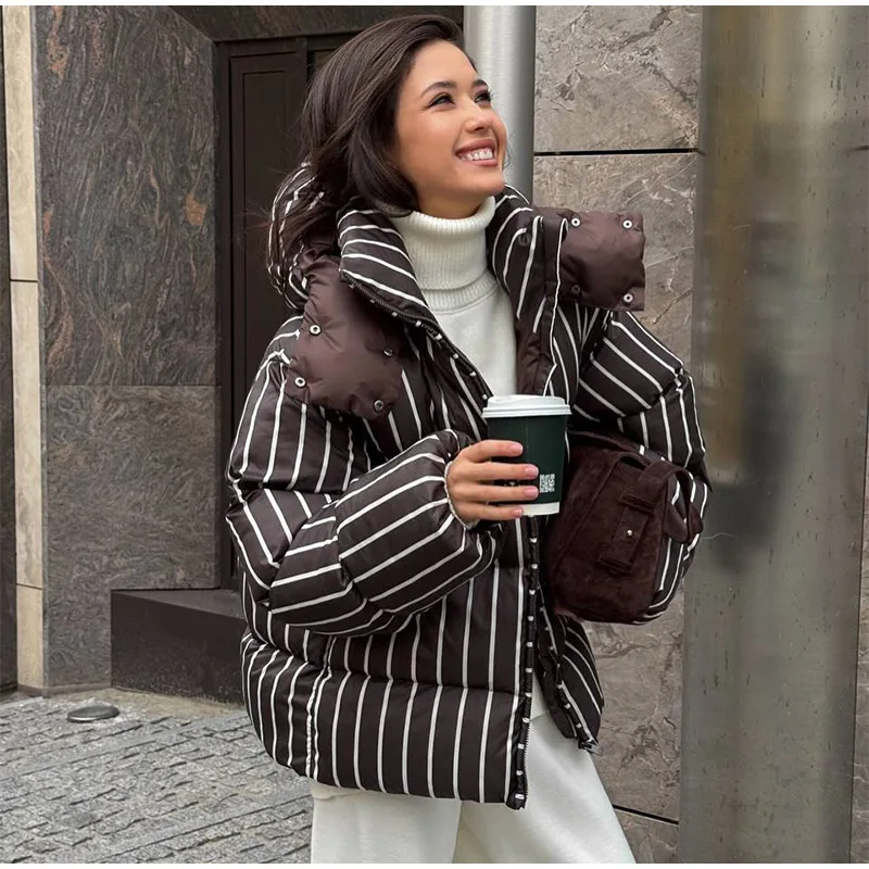 Women Casual Hooded Striped Cotton Coat Chic Full Sleeve Zipper Thicken Single Breasted Jacket Lady Winter Daily Street Outwears