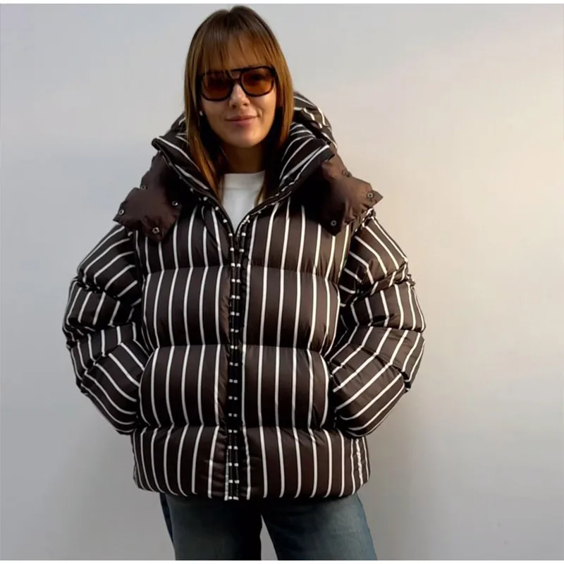 Women Casual Hooded Striped Cotton Coat Chic Full Sleeve Zipper Thicken Single Breasted Jacket Lady Winter Daily Street Outwears