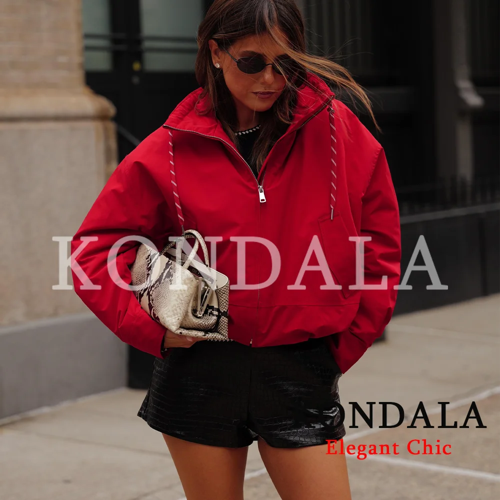 KONDALA Women Casual Chic Stand-Collar Jacket Red Street Sports Style Jacket 2026 Fall Winter Trendy Loose Zip-up Padding Jacket