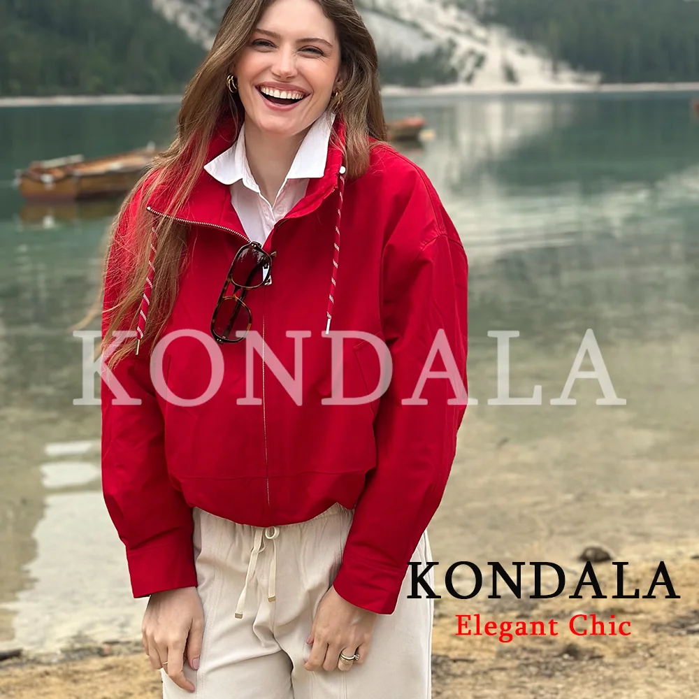 KONDALA Women Casual Chic Stand-Collar Jacket Red Street Sports Style Jacket 2026 Fall Winter Trendy Loose Zip-up Padding Jacket