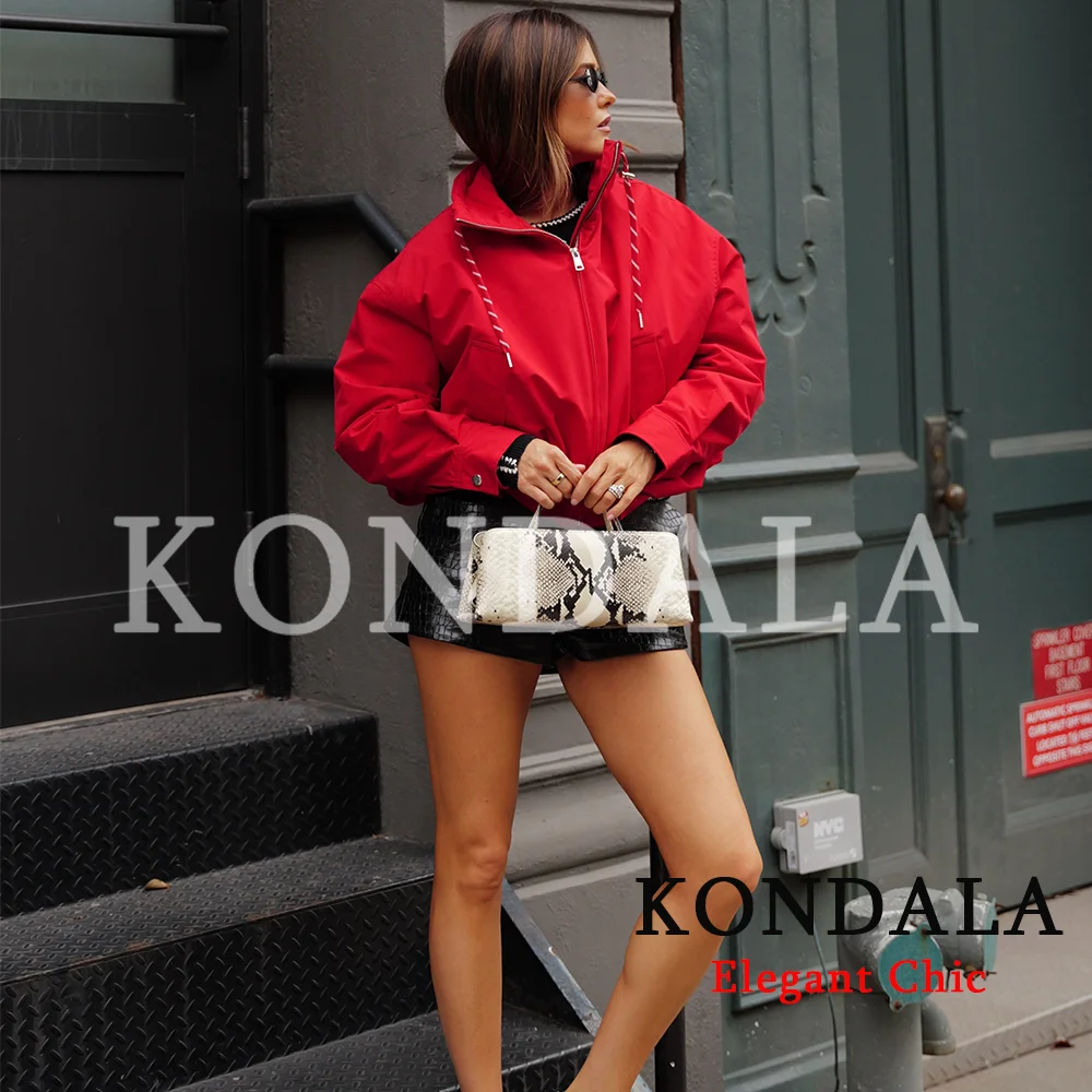 KONDALA Women Casual Chic Stand-Collar Jacket Red Street Sports Style Jacket 2026 Fall Winter Trendy Loose Zip-up Padding Jacket
