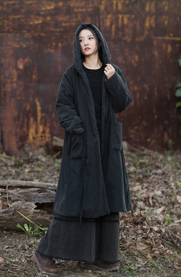 Johnature Women Black Hooded Long Sleeve Parkas Warm Long Sleeve Winter Coats 2025 New Female Chinese Style Bandage Parkas