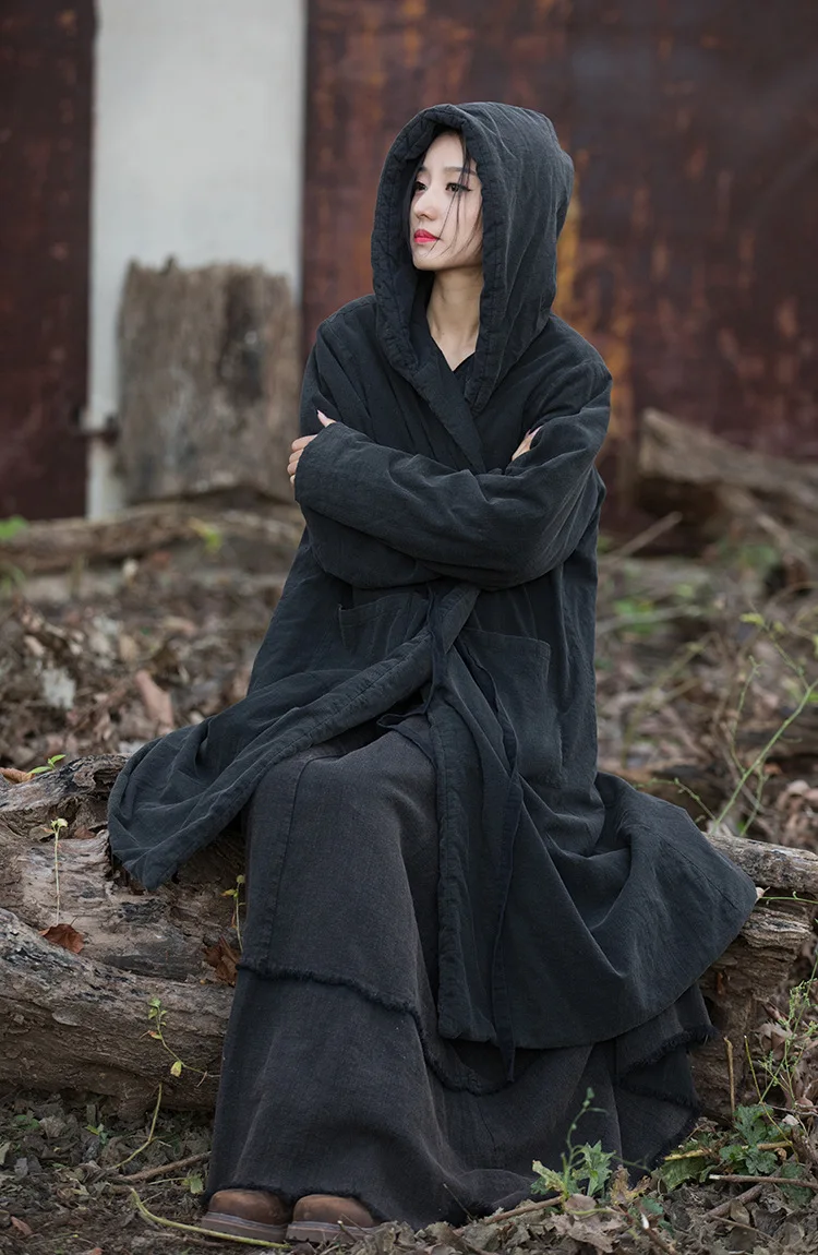 Johnature Women Black Hooded Long Sleeve Parkas Warm Long Sleeve Winter Coats 2025 New Female Chinese Style Bandage Parkas