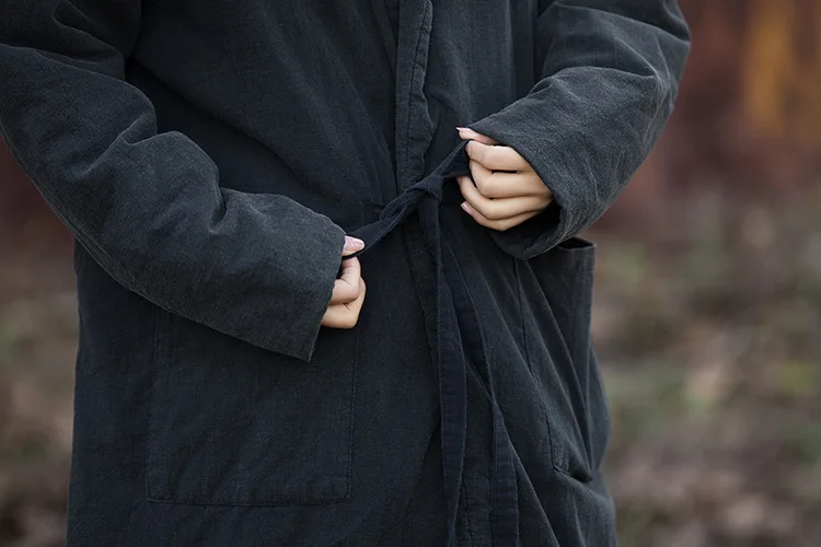 Johnature Women Black Hooded Long Sleeve Parkas Warm Long Sleeve Winter Coats 2025 New Female Chinese Style Bandage Parkas