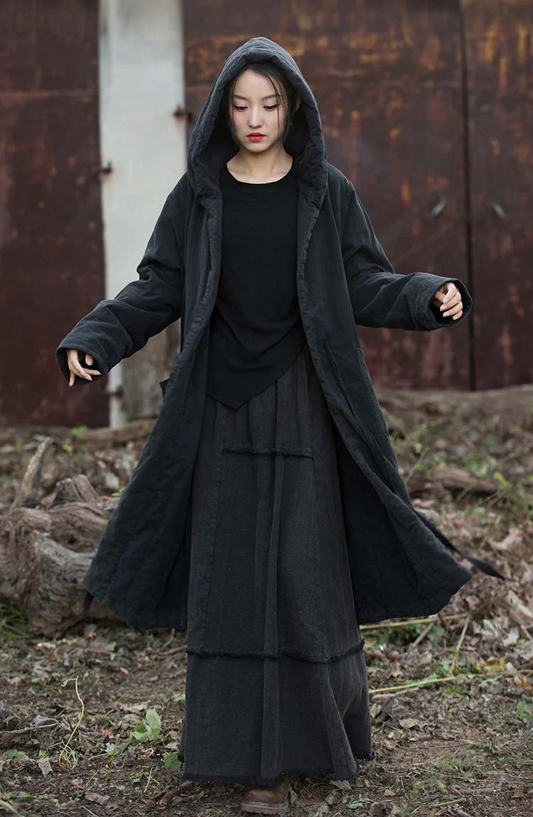 Johnature Women Black Hooded Long Sleeve Parkas Warm Long Sleeve Winter Coats 2025 New Female Chinese Style Bandage Parkas