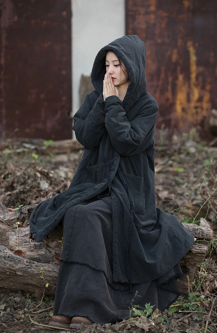 Johnature Women Black Hooded Long Sleeve Parkas Warm Long Sleeve Winter Coats 2025 New Female Chinese Style Bandage Parkas
