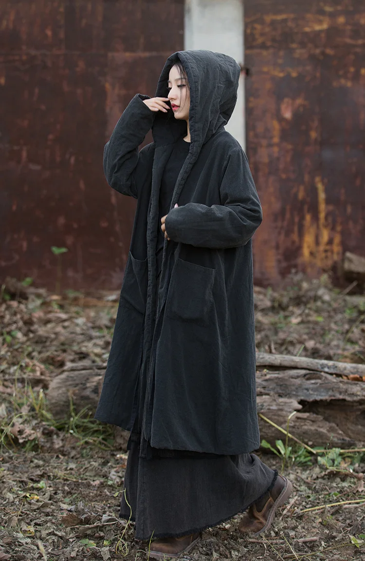 Johnature Women Black Hooded Long Sleeve Parkas Warm Long Sleeve Winter Coats 2025 New Female Chinese Style Bandage Parkas