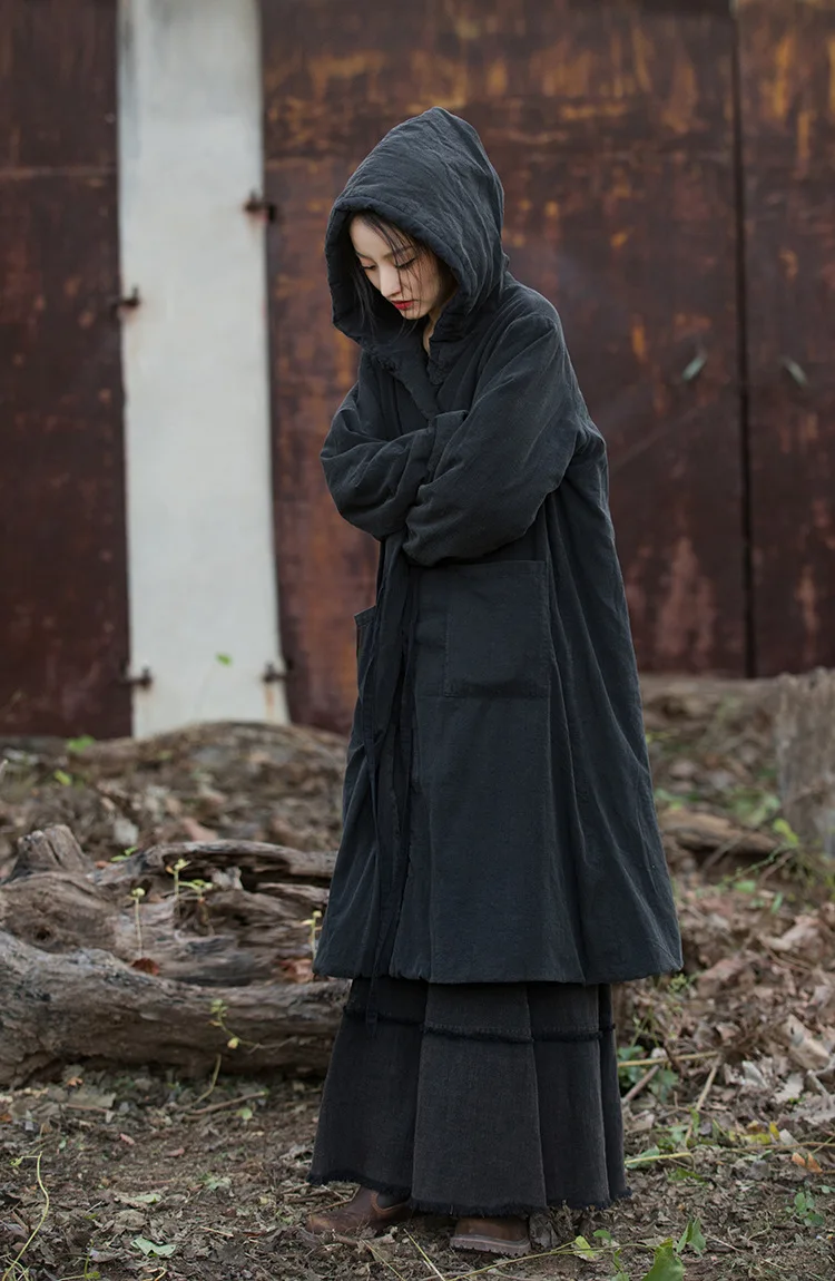 Johnature Women Black Hooded Long Sleeve Parkas Warm Long Sleeve Winter Coats 2025 New Female Chinese Style Bandage Parkas