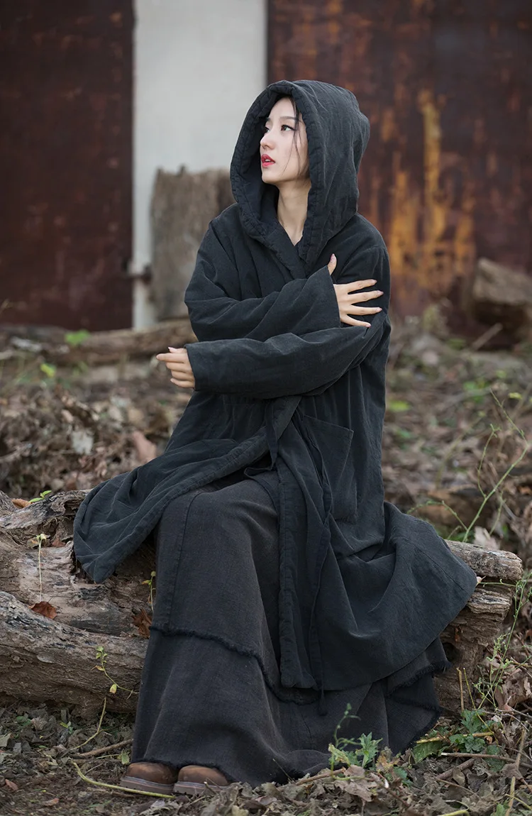 Johnature Women Black Hooded Long Sleeve Parkas Warm Long Sleeve Winter Coats 2025 New Female Chinese Style Bandage Parkas