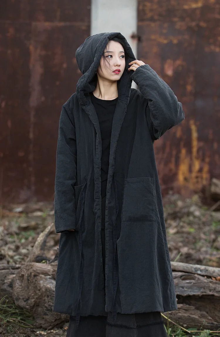 Johnature Women Black Hooded Long Sleeve Parkas Warm Long Sleeve Winter Coats 2025 New Female Chinese Style Bandage Parkas