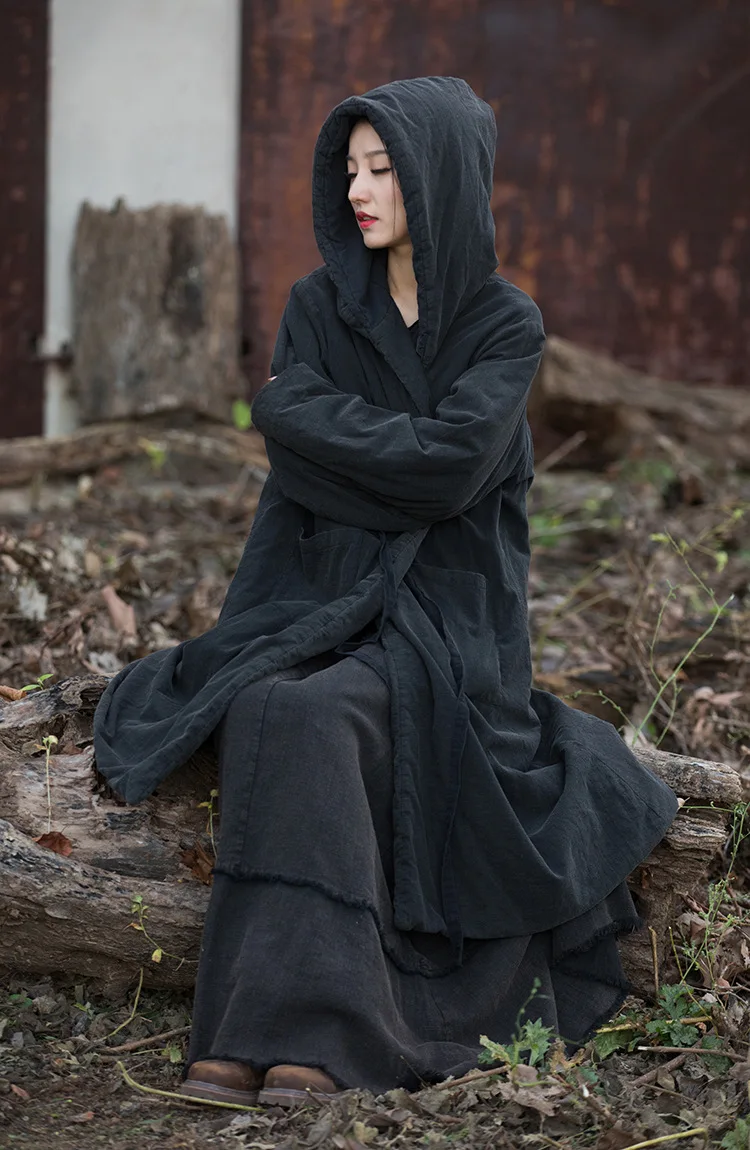 Johnature Women Black Hooded Long Sleeve Parkas Warm Long Sleeve Winter Coats 2025 New Female Chinese Style Bandage Parkas