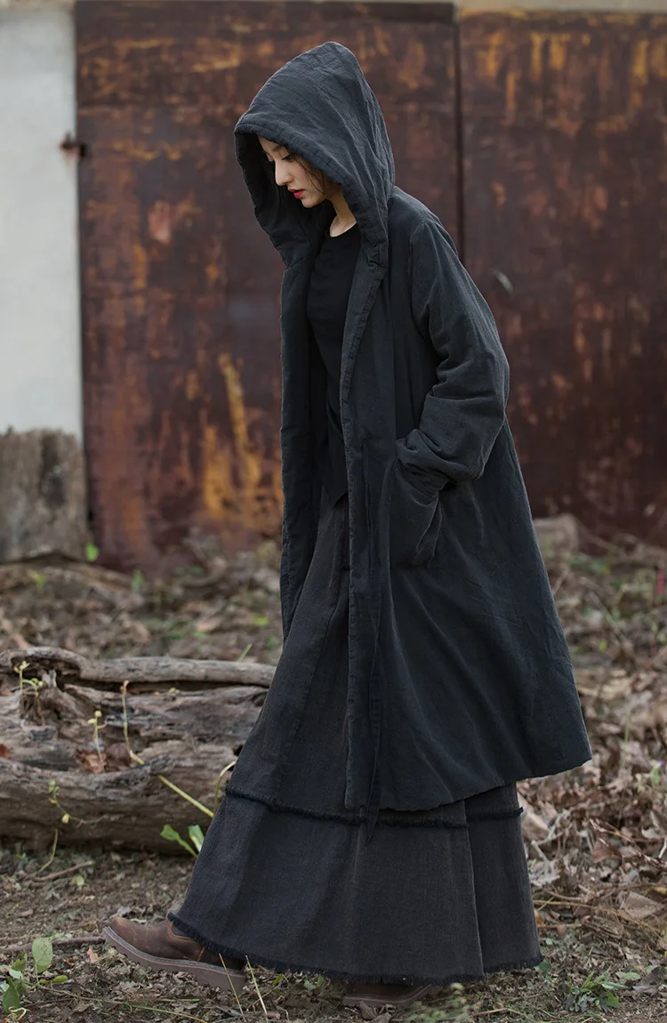 Johnature Women Black Hooded Long Sleeve Parkas Warm Long Sleeve Winter Coats 2025 New Female Chinese Style Bandage Parkas