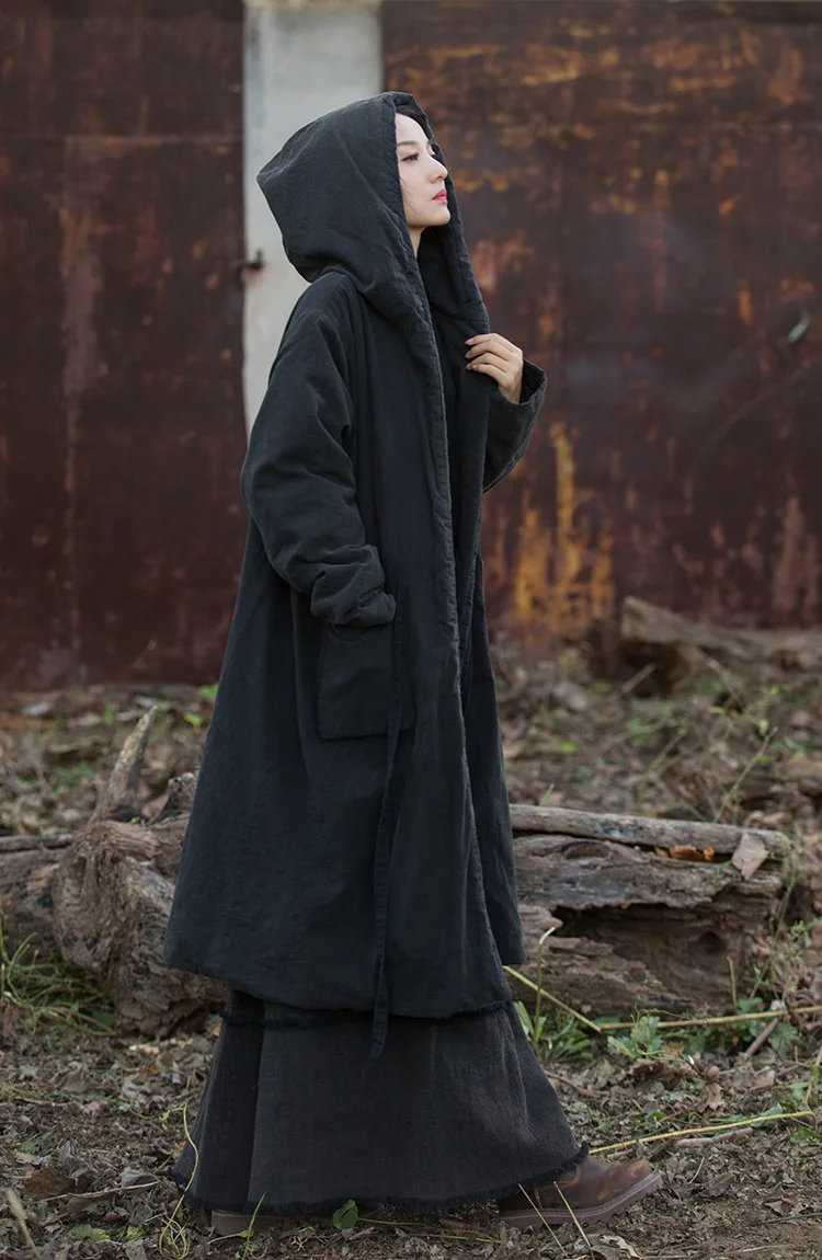 Johnature Women Black Hooded Long Sleeve Parkas Warm Long Sleeve Winter Coats 2025 New Female Chinese Style Bandage Parkas