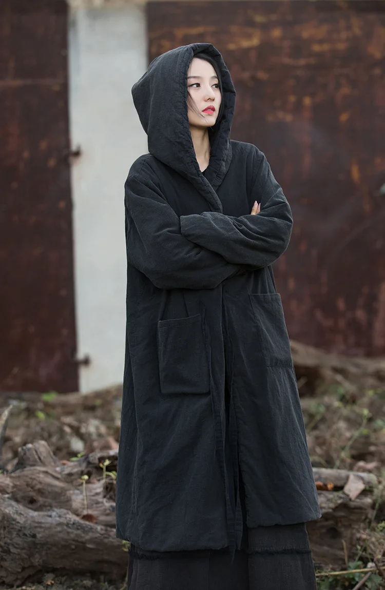 Johnature Women Black Hooded Long Sleeve Parkas Warm Long Sleeve Winter Coats 2025 New Female Chinese Style Bandage Parkas