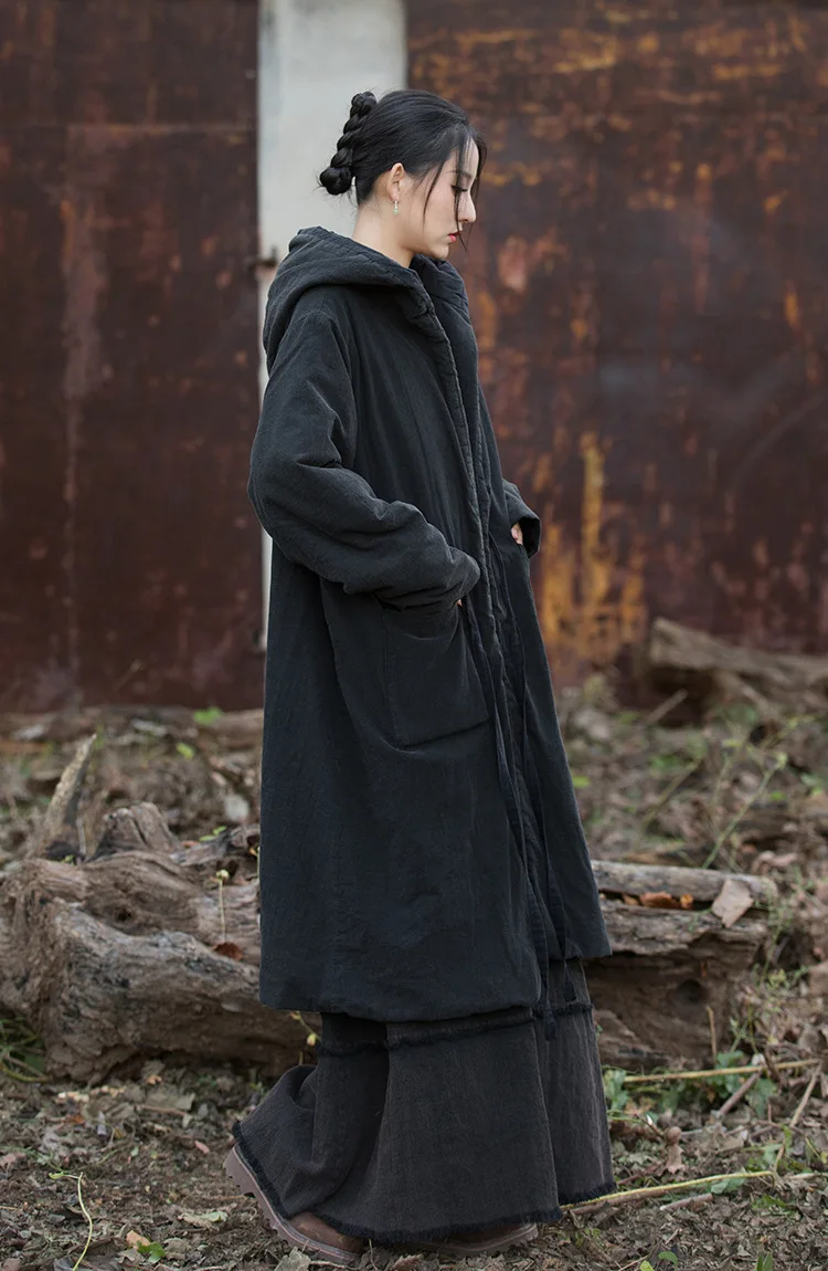 Johnature Women Black Hooded Long Sleeve Parkas Warm Long Sleeve Winter Coats 2025 New Female Chinese Style Bandage Parkas