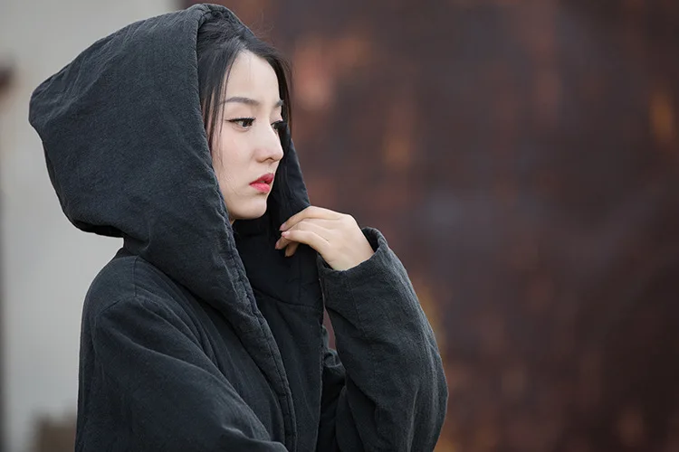 Johnature Women Black Hooded Long Sleeve Parkas Warm Long Sleeve Winter Coats 2025 New Female Chinese Style Bandage Parkas
