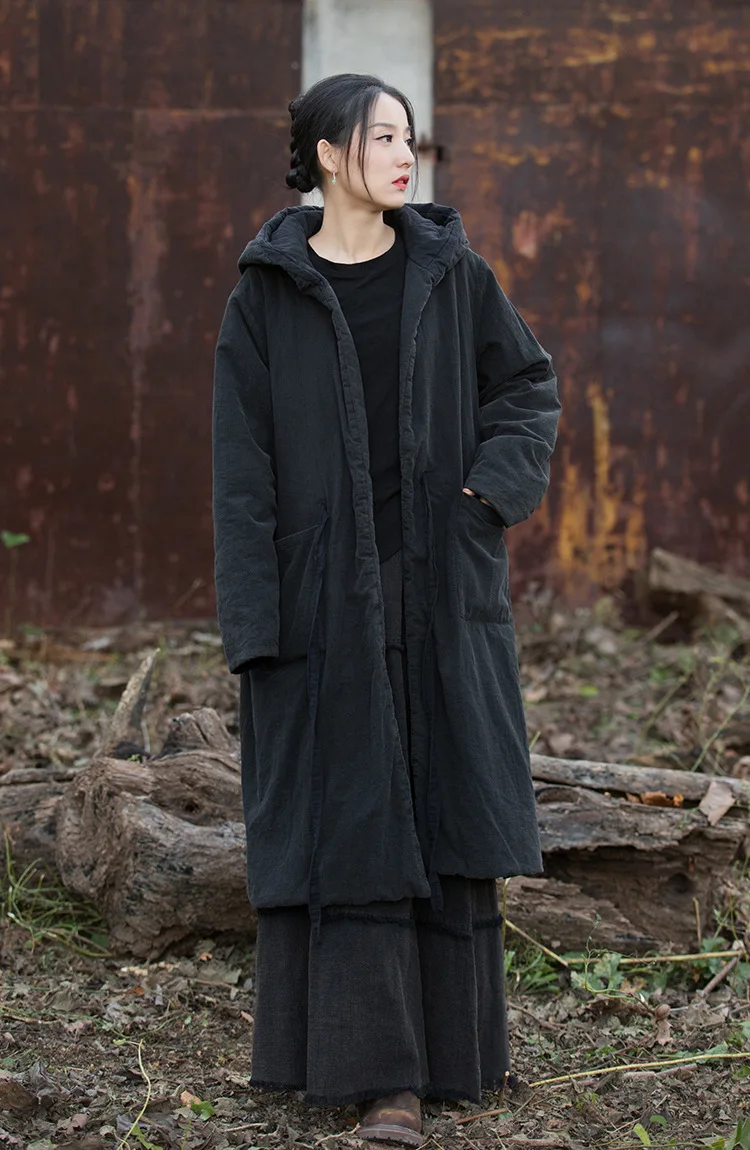 Johnature Women Black Hooded Long Sleeve Parkas Warm Long Sleeve Winter Coats 2025 New Female Chinese Style Bandage Parkas