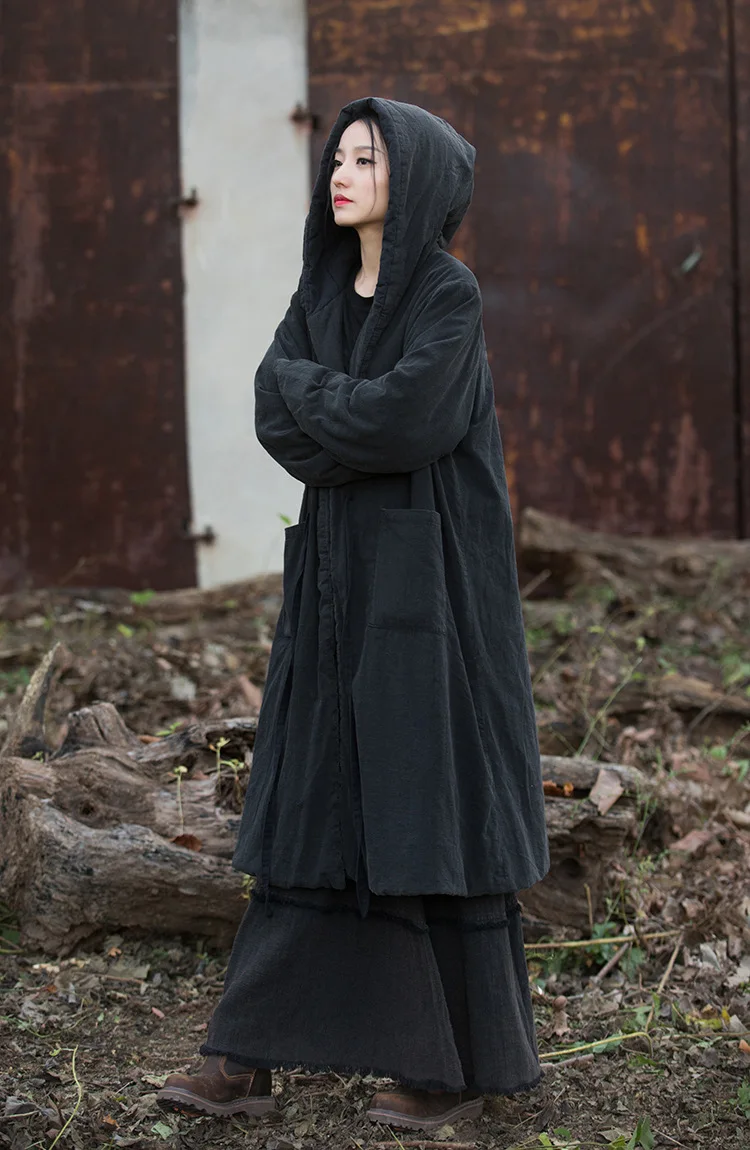 Johnature Women Black Hooded Long Sleeve Parkas Warm Long Sleeve Winter Coats 2025 New Female Chinese Style Bandage Parkas