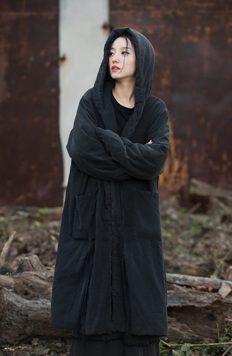 Johnature Women Black Hooded Long Sleeve Parkas Warm Long Sleeve Winter Coats 2025 New Female Chinese Style Bandage Parkas