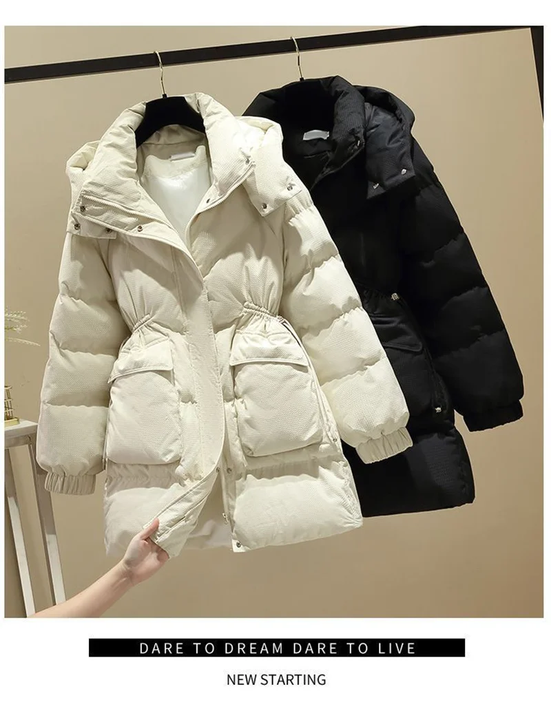 Mid Long Winter 2025 DownCotton Jacke Women's Fashionable Cotton Jacket With Waist Cinching Slimming EffectThick Totton Jacket