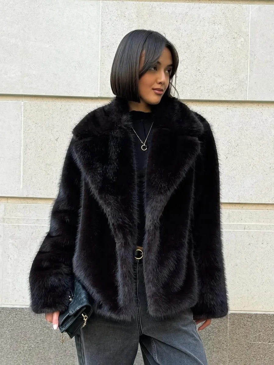 Winter Wide Lapel Faux Fur Short Coat Women Drop Shoulder Long Sleeve Loose Solid Black Soft Fluffy Warm Thick Jacket Outerwear