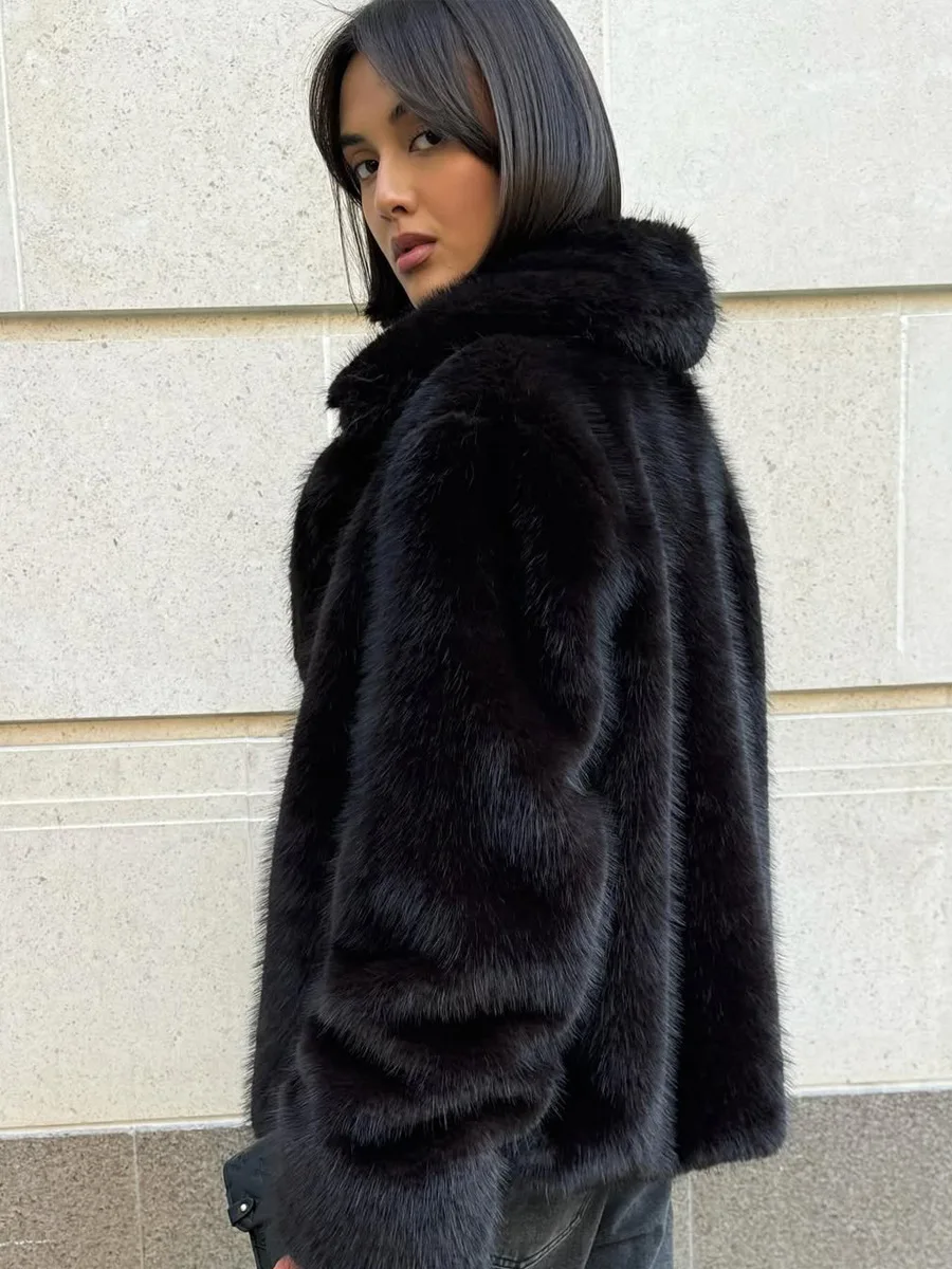 Winter Wide Lapel Faux Fur Short Coat Women Drop Shoulder Long Sleeve Loose Solid Black Soft Fluffy Warm Thick Jacket Outerwear