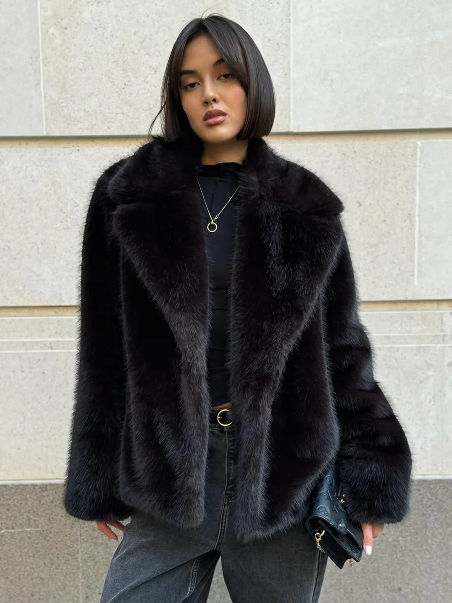 Winter Wide Lapel Faux Fur Short Coat Women Drop Shoulder Long Sleeve Loose Solid Black Soft Fluffy Warm Thick Jacket Outerwear