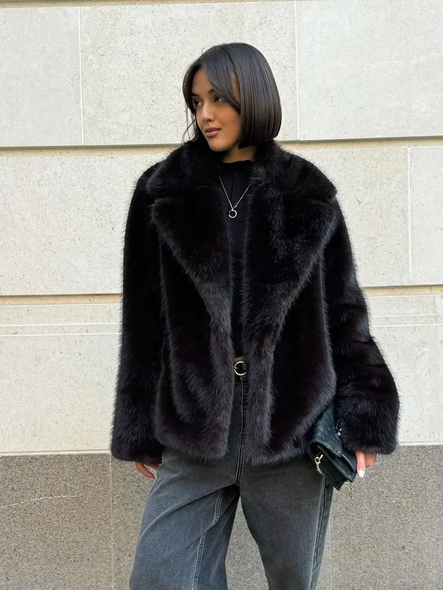 Winter Wide Lapel Faux Fur Short Coat Women Drop Shoulder Long Sleeve Loose Solid Black Soft Fluffy Warm Thick Jacket Outerwear
