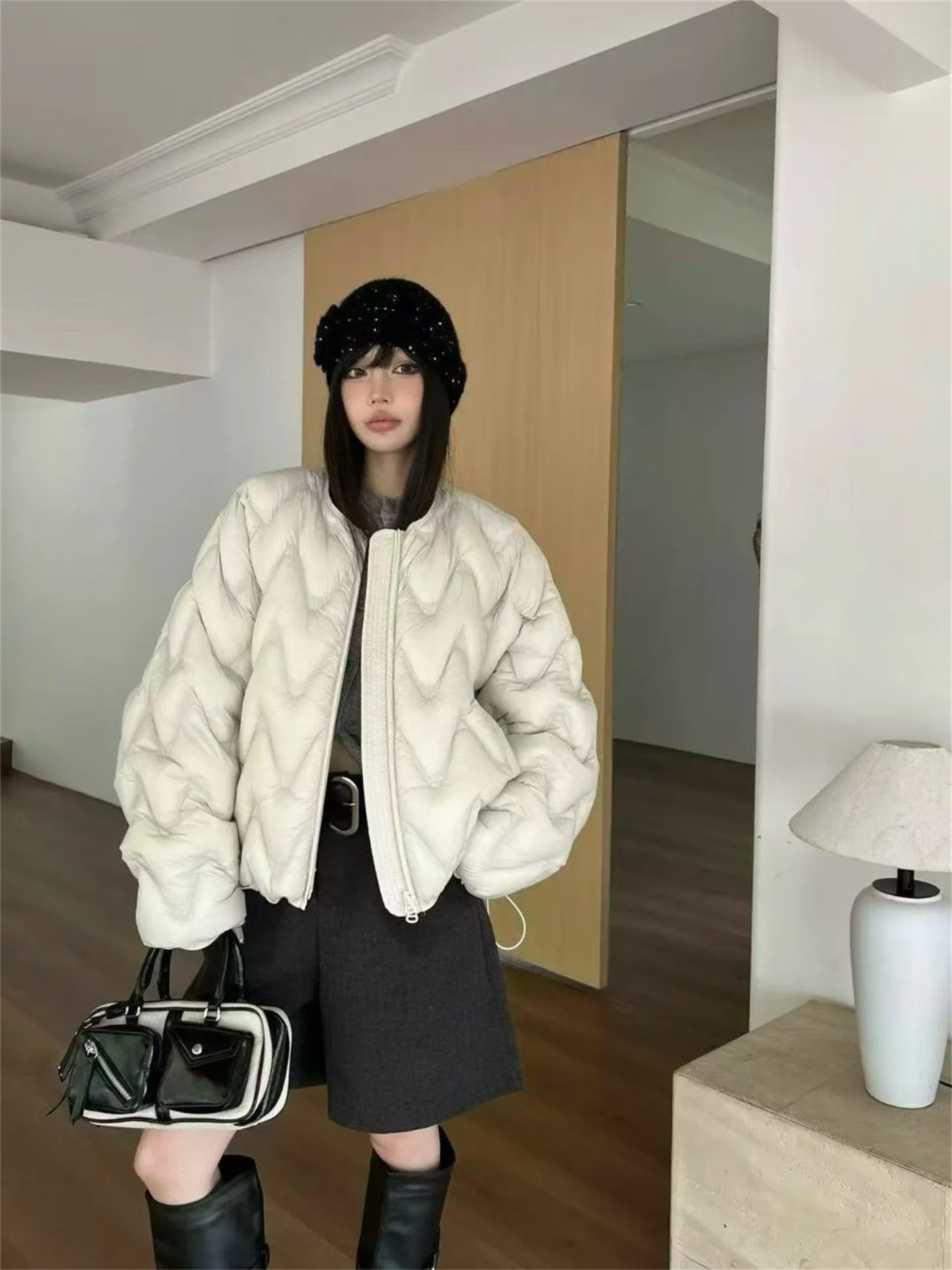 Winter Puff Fluffy Ripple Pattern Down Jacket Women White Duck Down Double Zipper Outwears Female Round Neck Warm Parker Jacket