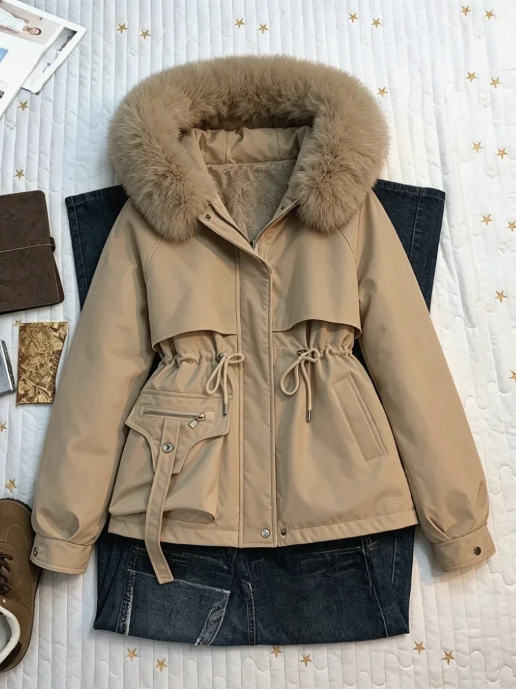 Classic Vintage American Faux Fur Hooded Womens Autumn Winter Warm Long Sleeve Jacket Casual Street Daily Chic Fashion Outerwear