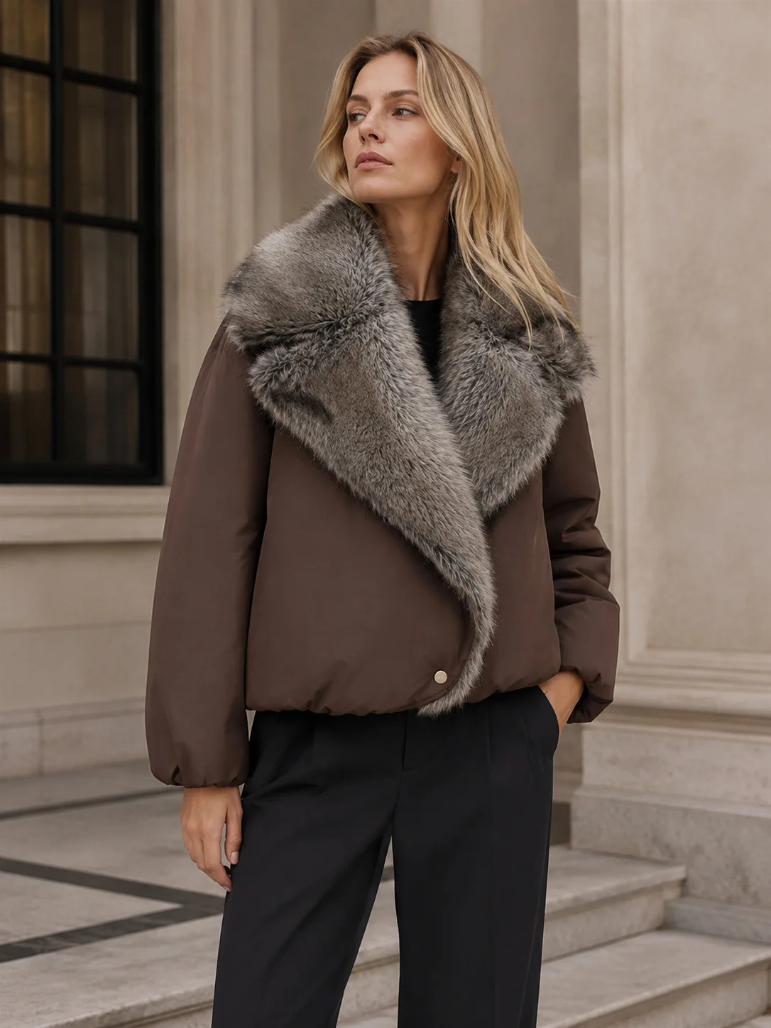 Women Faux Fur Parkas Coats Solid Overcoats Turn Down Collar Long Sleeves Thick Loose Fit Office Lady Casual 2026 Autumn Winter